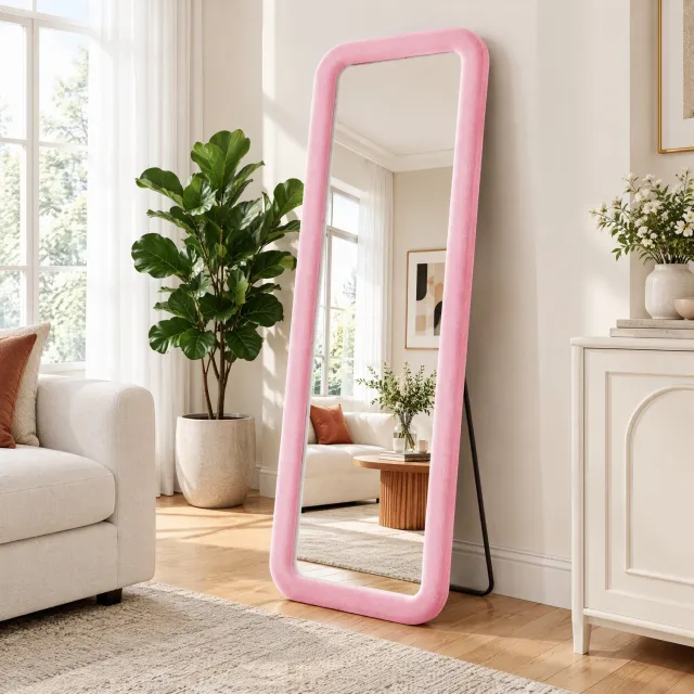 Yelenaro 160 x 50 cm Rechthoekige Passpiegel, Staande spiegel met fluwelen rand en gehard glas, Wandspiegel staand en hangend, Roze