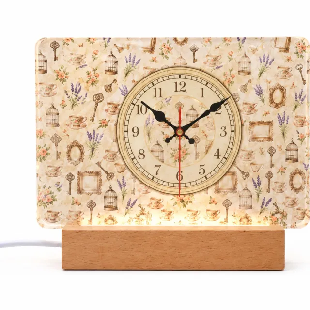SWGOTA Verlichte tafelklok 20 x 13 cm met analoge wijzerplaat, retro bloemen- en theekopjesmotief en voet Bruin