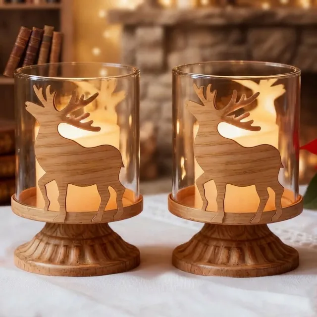 Livatto Hertenkaarsenhouder Kerst Set van 2 - Vintage Kandelaar met Glazen Theelichthouder - Rendier Windlicht voor Kerstdecoratie en Tafeldecoratie Zwart