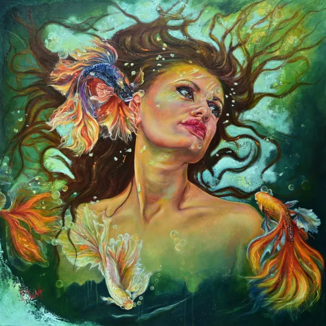 myDeaNA Canvas schilderij - Vrouwenportret met Goudvissen - Spirituele Kunst & Symboliek - 100 x 100 cm. - myDeaNA groen-blauw