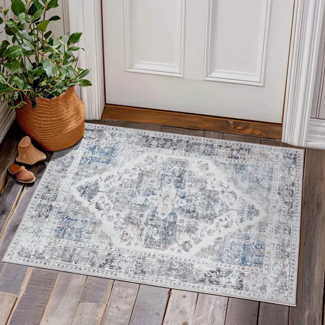 Ibenzoa Wasbare Vintage Deurmat met Oosters Bloemmotief voor Binnengebruik, 60 x 90 cm grijs