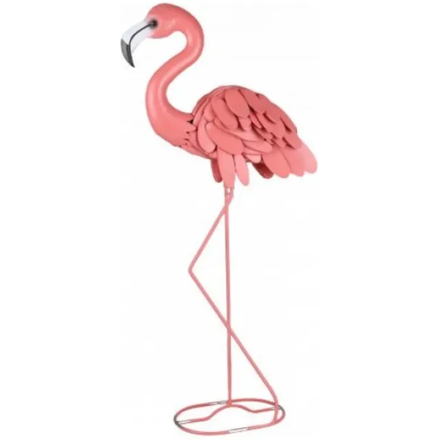 Sunnydays Flamingo Dierenbeeld - op 1 been - ijzer / metaal - 34 x 16 x 83 cm - tuindecoratie Lichtroze