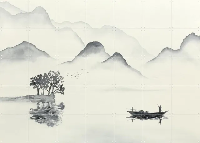 IXXI Morning fishing, Natalie Bruns - 140 x 100 cm - Grote wanddecoratie en posters - Minimalisme, Aquarel, Naturalisme, Illustraties, Slaapkamer Zwart en wit / Grijs / Monochroom