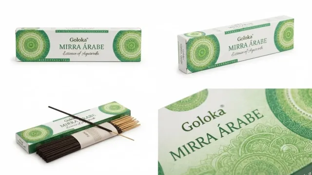 Goloka Mirra Árabe Wierook - Arabische Mirre Wierookstokjes - Essentie van Ayurveda - 1 Pakje Authentieke Indiase Wierook Hoogwaardige Kwaliteit Meditatie Met Kajal Sticker bruin