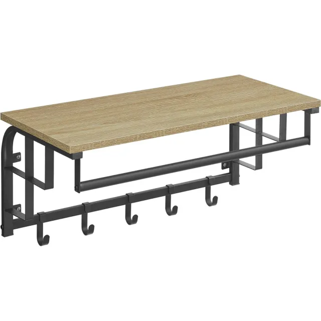 LEOBERT Wandplank met Kapstok - SONOMA - Stalen Frame, Praktisch en Functioneel, Kleur: Eiken Sonoma en Zwart, 66 x 30 x 27 cm, Max. 10 kg eikenkleur