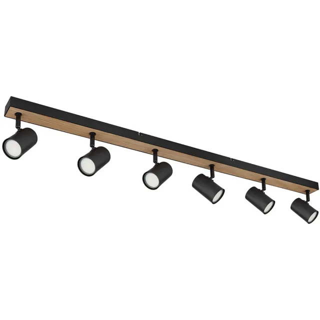 Globo Lighting Plafondspot zwart spot strip 6 vlammen, MDF hout look Scandinavisch, 6x GU10 stopcontact, LxBxH 115x6x13.5cm