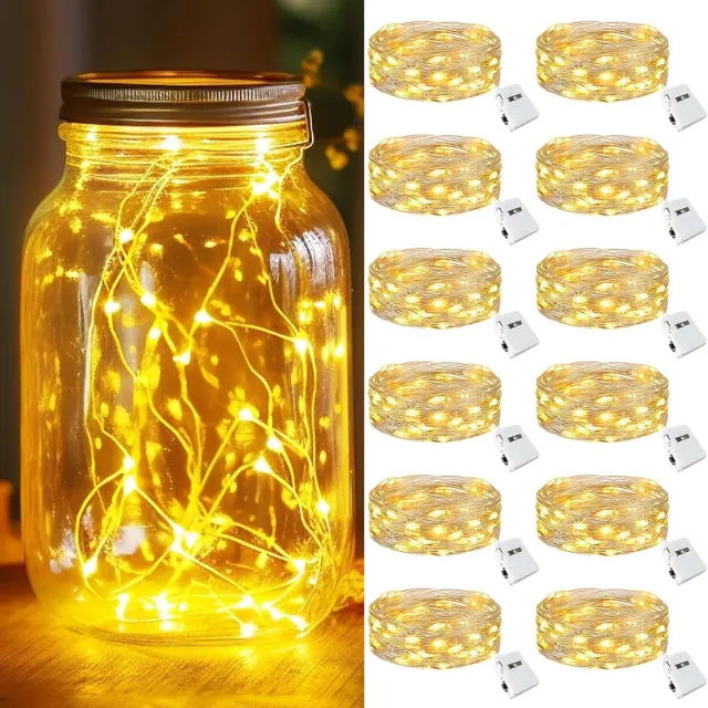 Huttutu Halloween decoratie - Kerstversiering - LED Lichtsnoer - 2m met 20 LED's - Batterijgevoed - Waterdicht - 3 Standen - Voor Mason Jars en Feestjes - 12 stuks - Warm Wit
