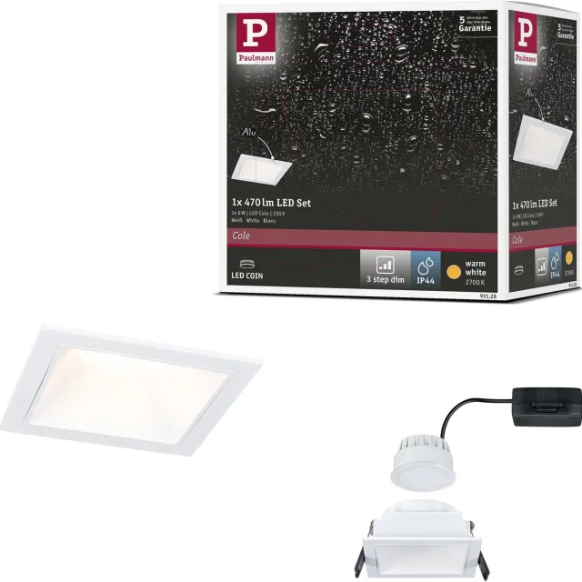Paulmann LED-inbouwlamp 3-Step-Dim Cole Coin Set van 1 IP44 hoekig 88x88 mm Coin 6W 470lm 230V dimbaar 2700K Wit