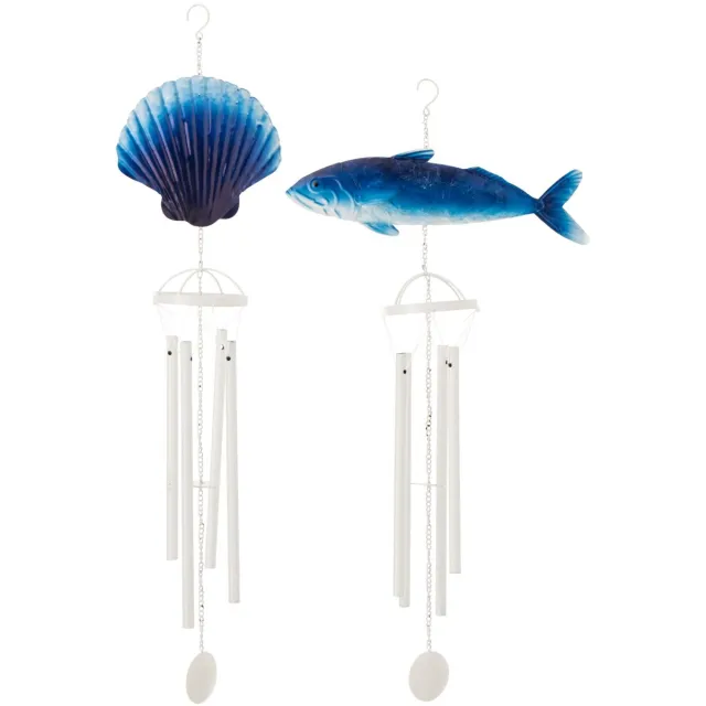 J-Line windgong Vis + Schelp Ijzer - metaal - wit/blauw - set van 2