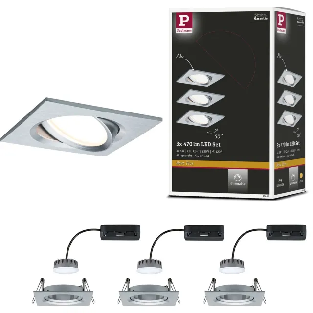 Paulmann LED-inbouwlamp Nova Plus Coin Basisset zwenkbaar hoekig 84x84 mm 50° Coin 3x6W 3x470lm 230V dimbaar 2700K Alu gedraaid