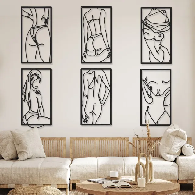 Unyqoos Set van zes moderne metalen wanddecoraties met abstract vrouwelijk ontwerp zwart