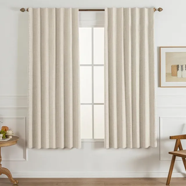 Famanu Set van 2 100% verduisterende gordijnen in crème, met warmte-isolatie en geluidsreductie, voor slaapkamer en woonkamer, bohemien en landelijke stijl