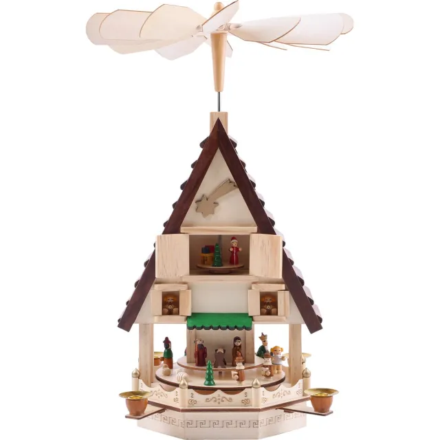 Brubaker Kerstpiramide Adventshuis 49 cm - kerststal op 4 etages - kaarsenpiramide met 4 kaarshouders van metaal - hout natuur - handgeschilderde figuren Houtkleuren