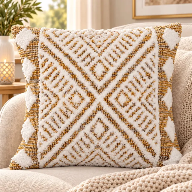 Rojellaa Sierkussen gebreid geometrisch patroon crème mosterdgeel 45 x 45 cm