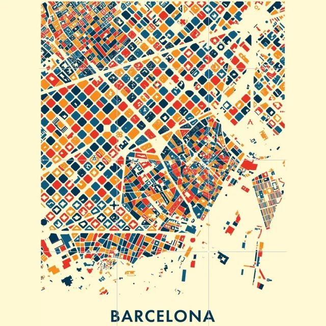 IXXI Barcelona Mosaic City Map, Kunst in Kaart - 60 x 80 cm - Grote wanddecoratie en posters - Geometrische Kunst, Illustraties, Kleurrijk, Digitale Blauw