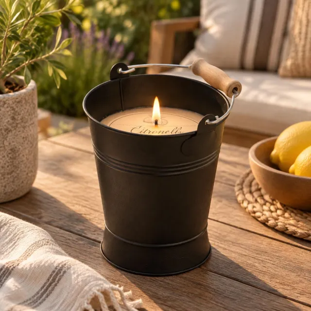 Pro Garden Citronella geurkaars in emmertje - blik zwart - 40 branduren - D14 x H16 cm - tuinkaars