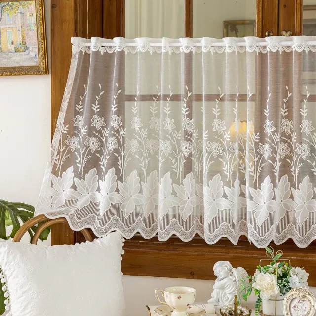 VHV Gordijnen - Vitrage - Valletje - Set van 2 - Kant - Geborduurd - Landelijk - Voor keuken en woonkamer - Lichtdoorlatend - 180*70cm - Stijl 1 - Wit Wit1