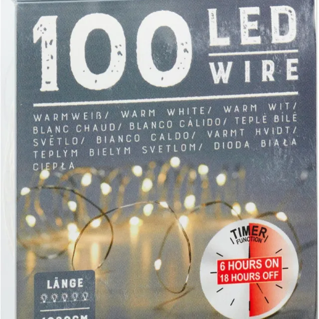 Cepewa Draadverlichting lichtsnoer - 100 cm - 100 leds - warm wit - batterij - timer - kerstverlichting
