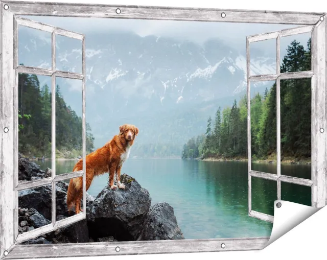 Gards Tuinposter Doorkijk Retriever Hond bij het Water in de Bergen - 120x80 cm - Tuindoek - Tuindecoratie - Wanddecoratie buiten - Tuinschilderij Grijs