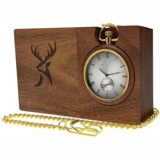 BOG 2-In-1 Handgemaakt Zakhorloge - Tafelklok - Staande Klok - Ecologisch Natuurlijk Hout - Zakhorloge Met Ketting - Bruin - Goud - Zilver - Romeinse Cijfers
