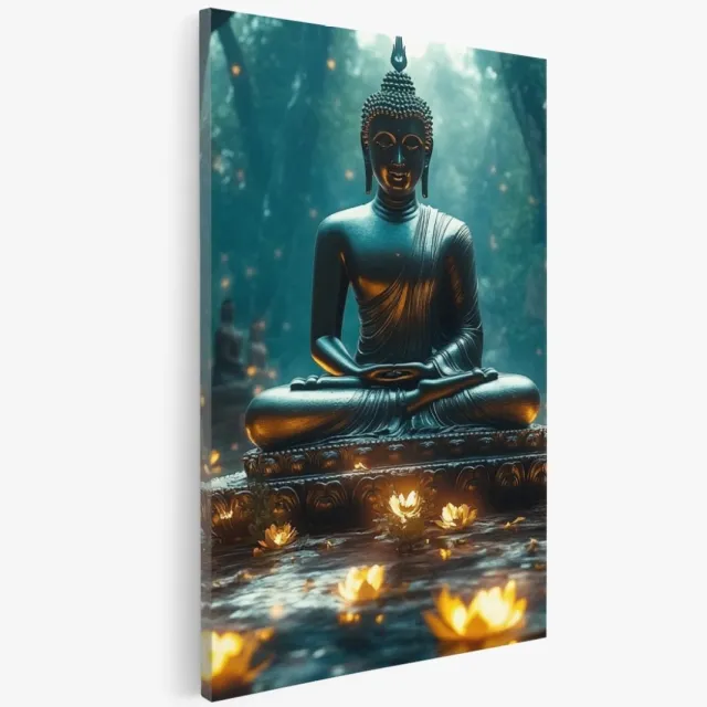 Saammp Canvas Schilderij - Boeddha met kaarsen - 30x45 - Foto op canvas - Wanddecoratie - Muurdecoratie Woonkamer - Canvas schilderijen Multicolor