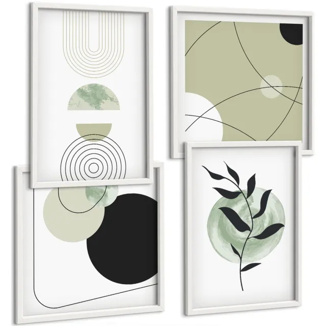 TULUP 4-Delige Schilderij Set - Abstracte vormen en plantmotieven in groen - 40x40 en 40x60 - Stijlvolle Muurdecoratie - Slaapkamer - Moderne Wanddecoratie Witte lijst