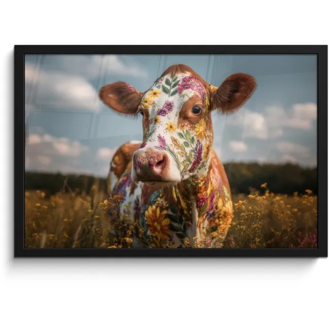 FrameYourWall Poster in lijst - Fotolijst 60x40 cm - Posters - Koe - Bloemen - Weiland - Posterlijst zwart - Decoratie - Wanddecoratie woonkamer - Muurdecoratie slaapkamer