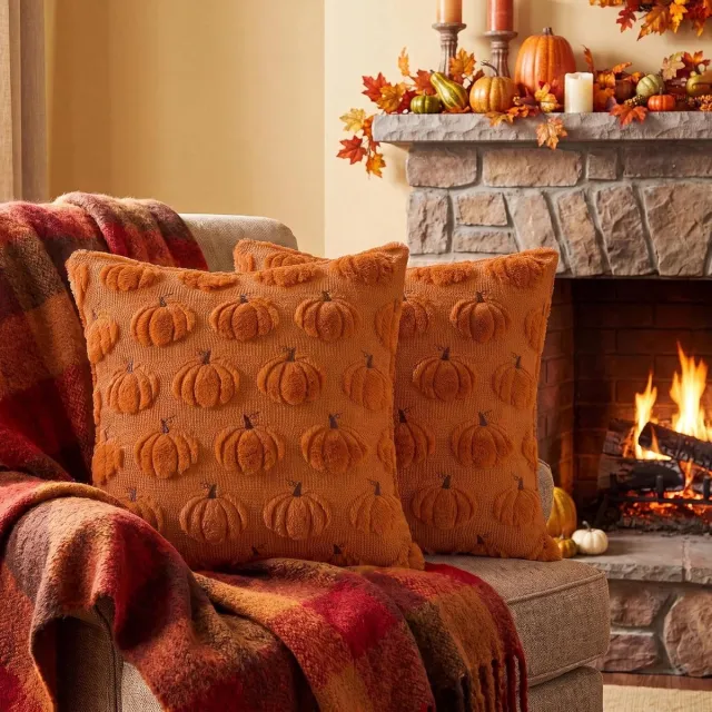 KZQ Decoratieve kussenhoes - 2 stuks - oranje - herfst, pompoenmotief - voor woondecoratie