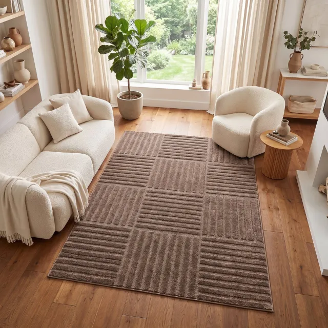 Tapiso Relievo Vloerkleed Gestreept - 3D Hoog-Laag Structuur - Modern Tapijt voor Woonkamer en Slaapkamer - Taupe 80x150