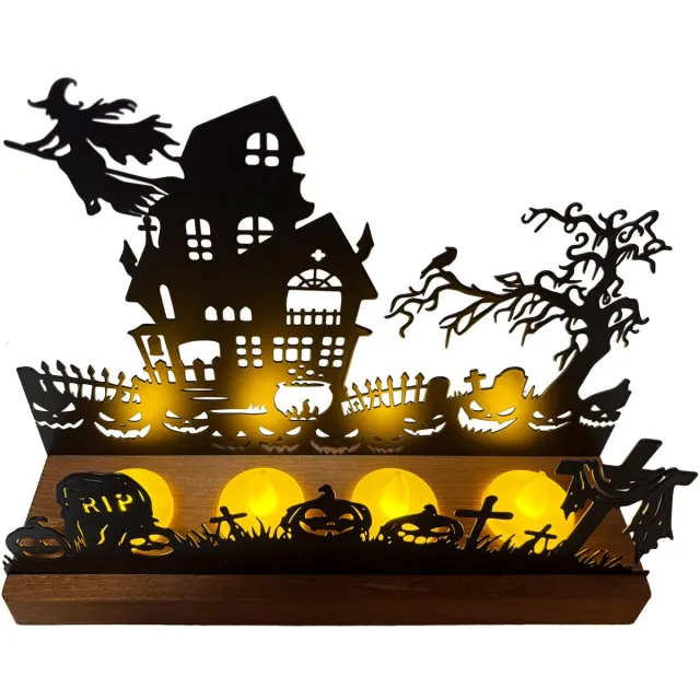 Famanu Halloween kandelaar van metaal met burg-silhouet, heks en spoken, afneembare houten sokkel voor 4 theelichtjes, duurzaam en onderhoudsvriendelijk, sfeervolle tafeldecoratie Naturel