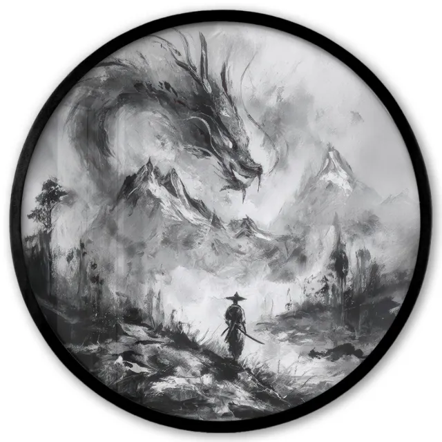FrameYourWall Poster in lijst Rond - Fotolijst 40x40 cm - Posters - Krijger - Draak - Grijs - Ronde posterlijst zwart - Decoratie - Wanddecoratie woonkamer - Muurdecoratie slaapkamer