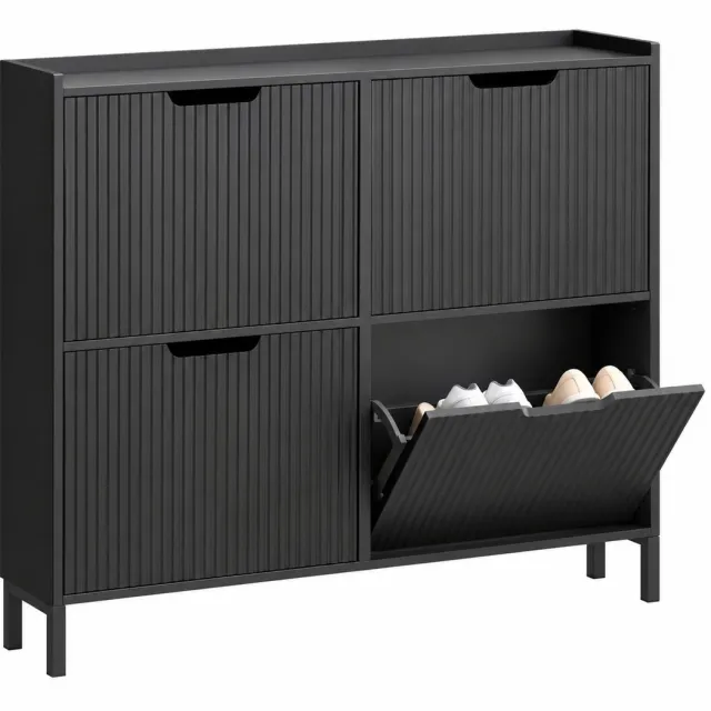 VILIMA Schoenenkast - Schoenenrek - Voor 8 paar schoenen - Smalle schoenenkast - 4 vakken - 100x47x91 cm - Hout - Zwart
