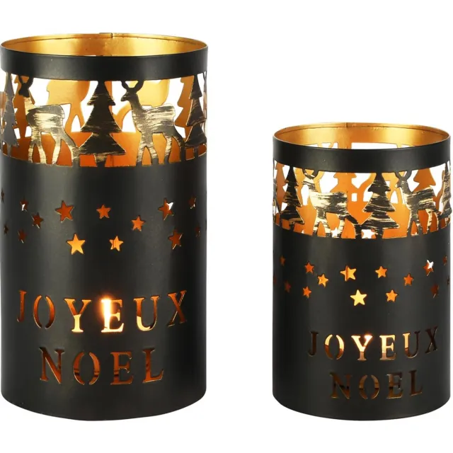 dekoratief Set 2 Waxinelichthouders 'Joyeux No?l', zwart/goud, metaal, 12x12x20cm | A258198