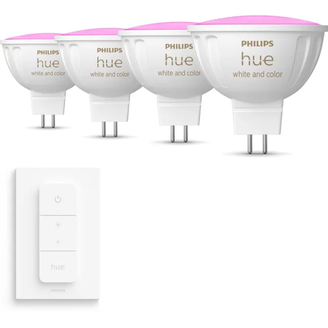 Philips Hue Voordeelpakket - GU5.3 - met 4 Spotjes (MR16) - 12V - Wit en Gekleurd Licht - Incl. 1 Hue Dimmer Switch - Hue White and Color Ambiance