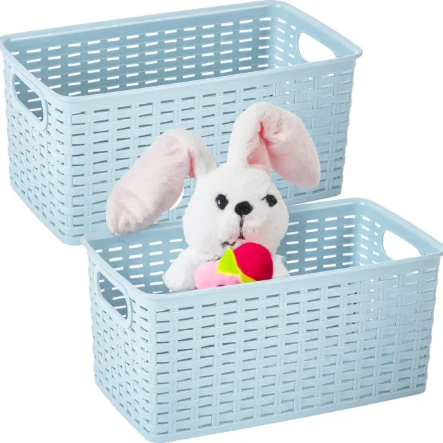 Bellatio Decorations Plasticforte Opbergmand - 2x - Kastmand - rotan kunststof - ijsblauw - 5 Liter - 15 x 28 x 13 cm