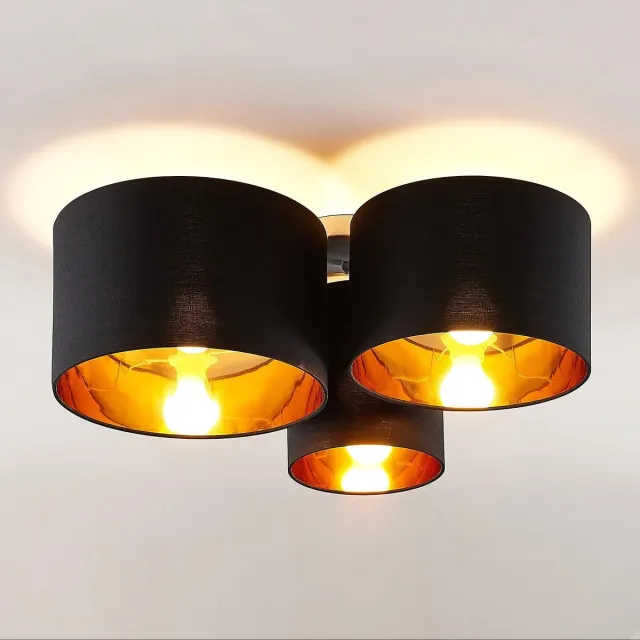 Lindby plafondlamp - 3lichts - Stof, metaal - H: 25.5 cm - E27 - zwart, goud