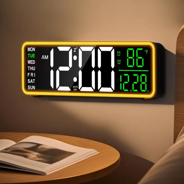 Mee 2ou 9 inch digitale wekker wandklok met nachtlampje, dubbele wekker, snooze en dimbare helderheid, temperatuurweergave, 12/24 uur, timer, netvoeding met batterijback-up Geel