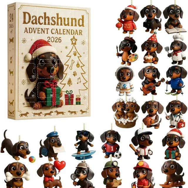 ZVD Teckel Adventskalender 2026 - 24-Daagse Kerst Aftelkalender - 2D Acrylhanger in Feestelijke Geschenkverpakking - Teckel Ontwerp