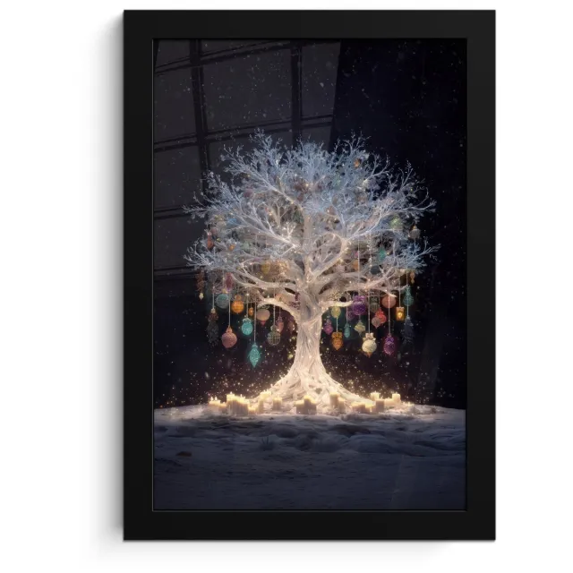 FrameYourWall Poster in lijst - Fotolijst 20x30 cm - Posters - Sneeuwboom - Lichtjes - Wit - Kleurrijk - Posterlijst zwart - Decoratie - Wanddecoratie woonkamer - Muurdecoratie slaapkamer - Kerstversiering - Kerstdecoratie voor binnen - Kerstmis