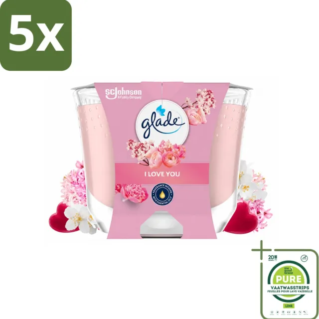 Glade 5 x Glade - Geurkaars I Love You - 100% Raapzaadwas - 204 g - Grootverpakking - Vaatwasstrips - Geurkaars - Romantische Geur - Bloemen Geur - Perzik Geur - Meloen Geur roze