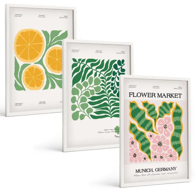 Coloray 3-Delige Schilderij Set - Posters Met Fruit- En Plantmotieven In Pastelkleuren - 40 x 60 - Moderne Wanddecoratie - Slaapkamer Witte lijst