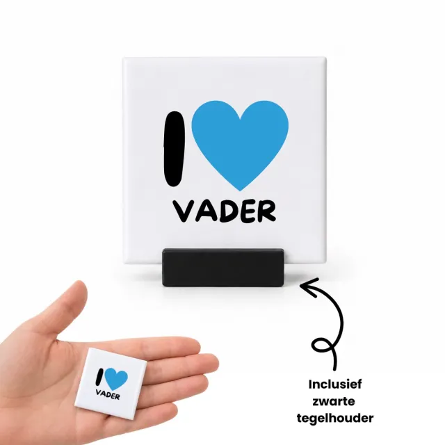 Hacebo I love vader met blauw hart tegeltje met tegelhouder - Vader - Liefste vader - tegeltjes met tekst - Vaderdag cadeautje - Cadeau voor papa - Verjaardag - Geschenk - Cadeau - Gift - spreuktegels - 4.8x4.8 CM Wit