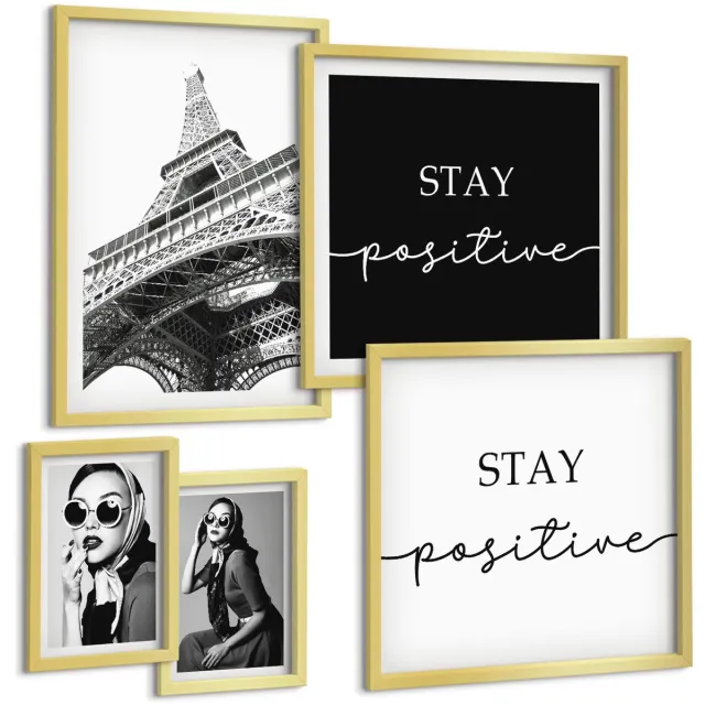 Coloray 5-Delige Schilderij Set - Stijlvolle Graphics Met Mode- En Parijse Accenten. - 50 x 50 cm, 20 x 30 cm En 40 x 60 cm - Wanddecoratie - Schilderijen Set - Interieur Gouden lijst