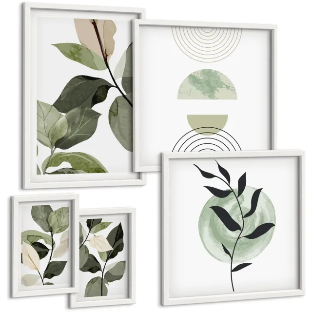 Coloray 5-Delige Schilderij Set - Plantenmotieven In Scandinavische Stijl Met Groen En Grafische Elementen. - 50 x 50 cm, 20 x 30 cm En 40 x 60 cm - Decoratieve Muurdecoratie - Slaapkamer - Woonkamer Decoratie Witte lijst