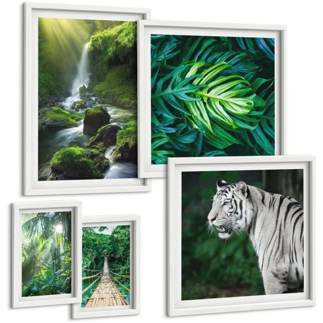 Coloray 5-Delige Schilderij Set - Tropische Landschappen Met Wilde Dieren En Andere Dieren - 50 x 50 cm, 20 x 30 cm En 40 x 60 cm - Muurdecoratie - Interieur Decoratie Witte lijst