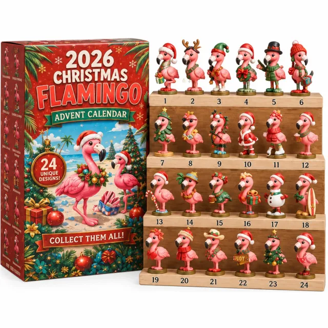 SWGOTA 2026 flamingo-adventskalender met 24 verschillende kerstfiguurtjes, 26 x 18 x 3 cm, in bedrukte doos Roze