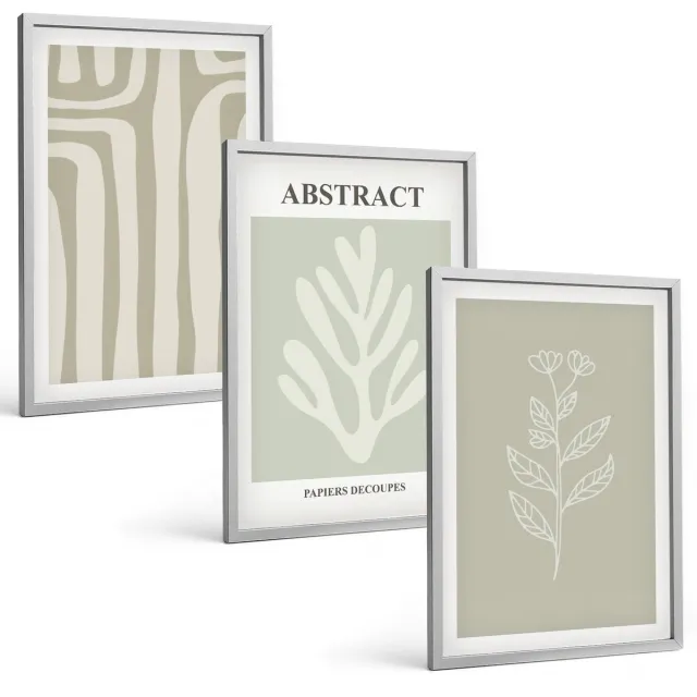 TULUP 4-Delige Schilderij Set - Abstracte plantpatronen in ingetogen kleuren - 40 x 60 cm - Wanddecoratie - Muurdecoratie - Woonkamer - Stijlvolle Muurdecoratie Zilveren lijst