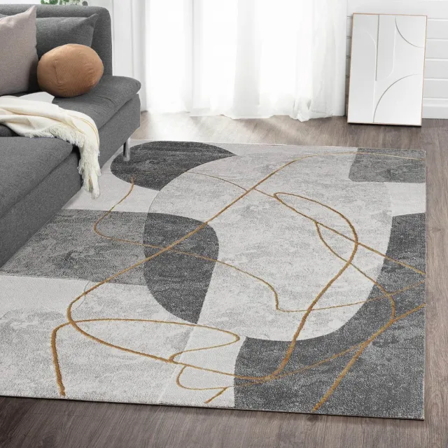 flycarpets Evora Modern Vloerkleed Grijs / Goud – Laagpolig Japandi Tapijt Woonkamer – 160x230 cm