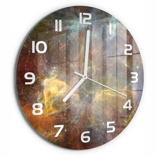 TULUP Wandklok - Kosmos Glazen Klok Met Print - fi30 cm - Veelkleurig Wandklok Glas Met Motief - Witte handen - Ronde Klok - Wandklok Glas Decoratie - Gekleurde Glazen Klok