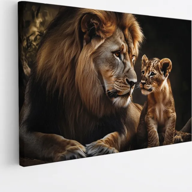 Saammp Canvas Schilderij - Leeuw met welp - Natuur - Dieren - 70x50 - Foto op canvas - Wanddecoratie - Muurdecoratie Woonkamer - Slaapkamer decoratie - Canvas Print Multicolor